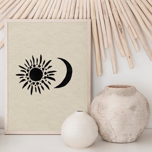 Bohemian Sun And Moon Print - The Sun, The Moon, Imperfect, Minimalist, Beige and Black, Abstract Home Print, Natural Earthy, Celestial Art