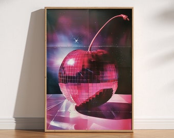 80s Cherry Disco Ball Print: Retro Glam Wall Art