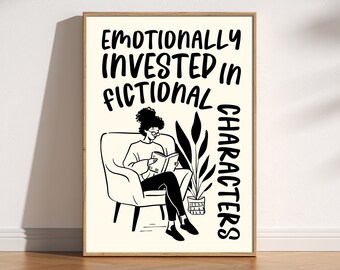 Fictional Characters Book Lover Print: Retro Doodle Library Art