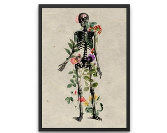 Antique Floral Human Anatomy Print - Flowers through Skeleton, Floral Skeleton, Medical Art, Botanical Anatomy, Human Body, Alternative Art