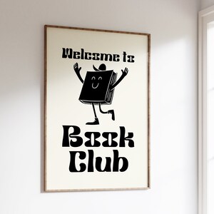 Impresión retro del club de lectura: bienvenido al club de lectura, personaje de libro retro, póster retro simple, arte de los años 70, 80 y 90, arte divertido y peculiar, literatura, novela