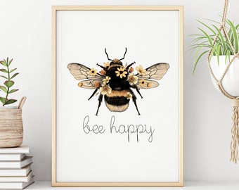 Bee Happy Print - Bee Kind, Bee Yourself, Bee-you-tiful, Nature Print, Sunflowers, Spring Summer, Bee Lover Wall Art, Inspirational Quote