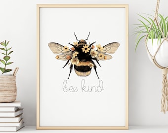 Bee Kind Print - Bee Happy, Bee Yourself, Bee-you-tiful, Nature Print, Sunflowers, Spring Summer, Bee Lover Wall Art, Inspirational Quote