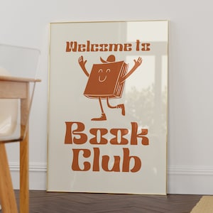Impresión retro del club de lectura: bienvenido al club de lectura, personaje de libro retro, póster retro simple, arte de los años 70, 80 y 90, arte divertido y peculiar, literatura, novela