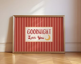Lámina retro de rayas de mediados de siglo "Buenas noches, te quiero", arte vintage bonito para dormitorio, póster retro moderno de mediados de siglo, paisaje vintage, estética