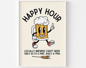 Happy Hour Craft Beer Retro Character Print - Fun Kitchen Print, Pint Of Beer, Retro Mascot Cartoon, Funny 60s 70s Fun Art, Pub Humour Art