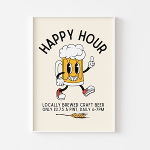 Happy Hour Craft Beer Retro Character Print - Lustiger Küchendruck, Pint Bier, Retro Maskottchen Cartoon, lustige 60er 70er Jahre, Pub Humor Art
