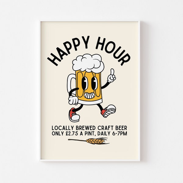 Happy Hour Craft Beer Retro Charakter Print - Lustige Küche Print, Pint Of Beer, Retro Maskottchen Cartoon, Witzig 60er 70er Fun Art, Pub Humor Art