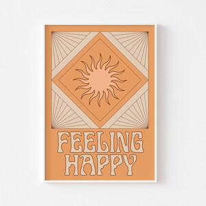 Impresión de felicidad: estilo bohemio retro, colores terrosos melocotón, estética hippie de los años 70, estilo art déco psicodélico, sol, impresión artística de positividad