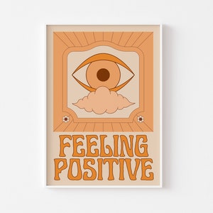 Impresión de sentimiento positivo: estilo boho retro, ojo místico, colores terrosos melocotón, estética hippie de los años 70, estilo art déco psicodélico, ojo espiritual