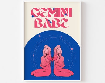 Impresión del signo zodiacal Géminis - Chica Géminis, Arte del zodíaco, Póster de astrología colorido, Signo zodiacal retro, Pastel brillante y llamativo, Años 90, Estilo funky y moderno