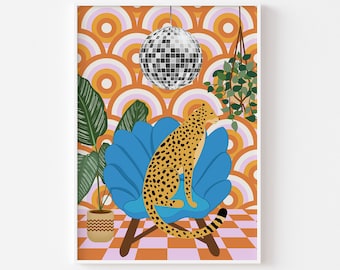 Retro Interior Disco Leopard Print 2 - Disco Ball Print, Retro Disco, Leopard Funky Interior, Retro Bohemian, Colouful Groovy 70s Poster,