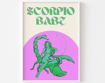 Impresión del signo zodiacal ESCORPIO - Chica Escorpio, Arte del zodíaco, Póster de astrología colorido, Signo zodiacal retro, Pastel brillante y llamativo, Años 2000, Estilo funky y moderno