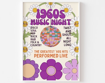 jaren 1960 muziek nacht print-disco bal, retro bloemen, 60s disco, hippie esthetiek, kleurrijke retro, muziek poster, lachende bloemen, 60s dans