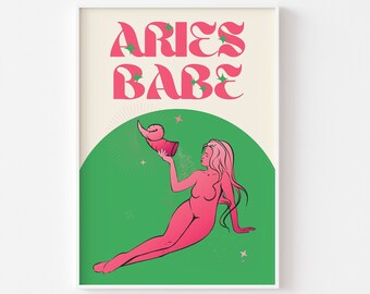 Lámina del signo zodiacal Aries - Chica Aries, Arte del zodíaco, Póster astrológico colorido, Signo zodiacal retro, Pastel brillante y llamativo, Años 2000, Regalo moderno y original