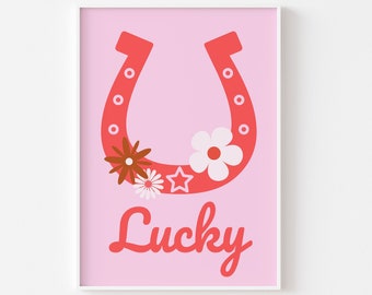 Lucky Horseshoe Cowgirl Aesthetic Print - Cowgirl, Western Preppy Aesthetic, Pink Red, Trendy Preppy Funky, Lucky, 90s Y2K Girly Dorm Poster
