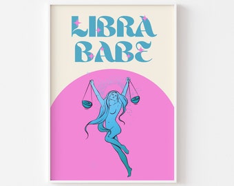 Lámina del zodíaco Libra: Póster de astrología retro, arte funky Y2K.