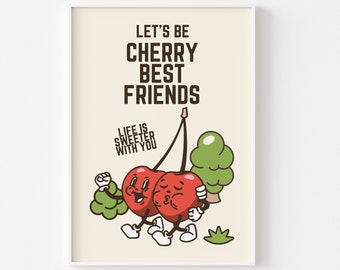 Cute Retro Cherry Print -  Cherry Best Friends, Retro Mascot Print, Cherries Cherry Love, Friendship Love, Funky Groovy Minimal Retro Poster