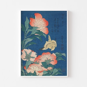 Peonías y canarios - Katsushika Hokusai, arte mural japonés antiguo, póster japonés, xilografía, botánica antigua, póster de aves, arte floral