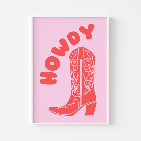 Print Howdy Cowgirl-laarzen - Cowgirl, western preppy esthetiek, roze rood, trendy preppy funky, cowgirl-laarzen, jaren 90 Y2K Girly Dorm Art, Yee Haw