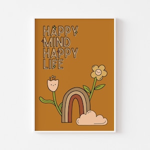 Póster retro con la frase Happy Mind Happy Life de los años 70, colores terrosos, estética de los años 70, flores hippies, arcoíris, sonrisas, naranja y marrón, años 70, tendencia
