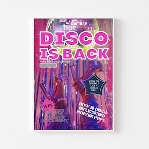 Portada de revista con el estilo Disco Is Back Print - Noticias, arte mural divertido, dormitorio universitario preppy, moda, discoteca retro de los años 70, póster con bola de discoteca, tendencia genial