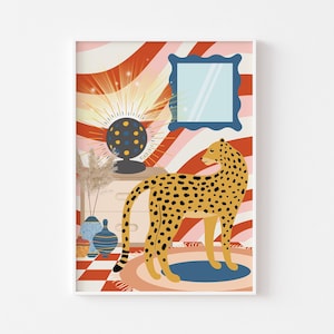 Estampado de leopardo de discoteca de interior retro 1 - Estampado de bola de discoteca, discoteca retro, interior funky de leopardo, boho retro, póster colorido y maravilloso de los años 70