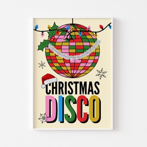 Impresión navideña de discoteca: impresión navideña divertida, bola de discoteca, oropel, Navidad retro divertida, póster de fiesta navideña, arte colorido y genial de los años 60 y 70