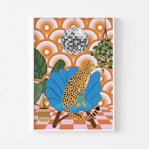 Estampado de leopardo de discoteca de interior retro 2: estampado de bola de discoteca, discoteca retro, interior funky de leopardo, boho retro, póster colorido y elegante de los años 70