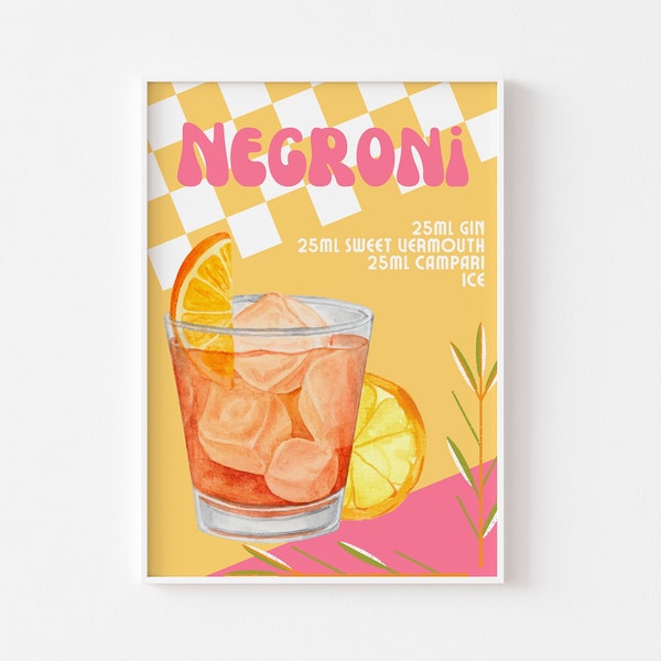 Negroni Retro Cocktail Print - Kitchen Poster, Gin Cocktail Poster, Funky Bar Print, Trendy Alcohol Recipe Art, Colourful Groovy, Orange