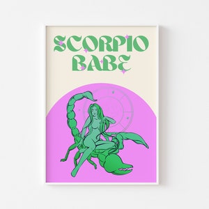 SCORPIO Star Sign Print - Scorpio Babe, Zodiac Art, Colourful Astrology Poster, Retro Star Sign, Bright Bold Pastel, Y2K 90's, Funky Groovy