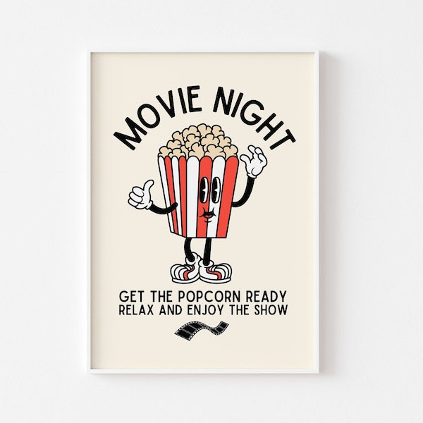 Movie Night Popcorn Retro Character Print - Fun Kitchen Print, Retro Mascot Cartoon, Sweet Salty Popcorn, 60s 70s Fun Art, Enjoy The Show