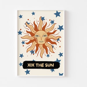 Impression de style carte de tarot XIX THE SUN - Boho rétro, soleil bohème, mystique céleste, soleil génial, soleil imparfait, impression de chambre à coucher, tendance cool