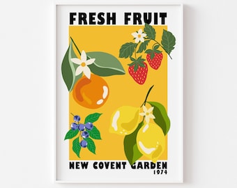 Fruit Market New Covent Garden Print - Yellow Colourful Retro Art, Groovy Kitchen Art, 1970s, Bright Bold Fruit, London Art, On Trend Poster