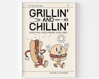 BBQ Grillin And Chillin Retro Character Print - Fun Kitchen Print, Retro Mascot Cartoon, Funny Retro Sausage Burger, 60s 70s Fun Art, Diner