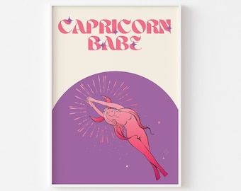 Impresión del signo zodiacal CAPRICORNIO - Capricorn Babe, arte zodiacal, póster de astrología colorido, signo zodiacal retro, pastel llamativo, Y2K años 90, estilo funky y moderno