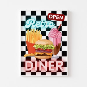 Retro Diner Print - Fun Kitchen Print, Burger Fries Milkshake, Retro Kitchen Decor, Checkerboard, American Diner Aesthetic, Trendy Funky,