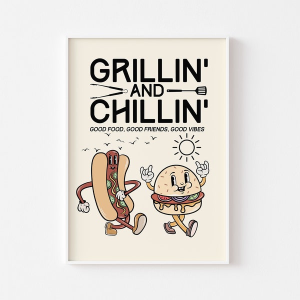 Grillin' N Chillin' BBQ Retro Character Mascot Printable, Fun Kitchen Garden Summer Print, Food Drink Bold Retro 70s 80s Style Cartoon Print