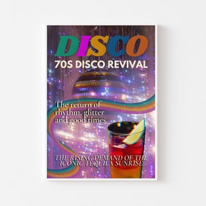 Impresión DISCO REVIVAL: discoteca retro, arte funky y moderno, discoteca de los años 70, Tequila Sunrise, alcohol de cóctel, moda de los años 70, bola de discoteca, póster para el hogar