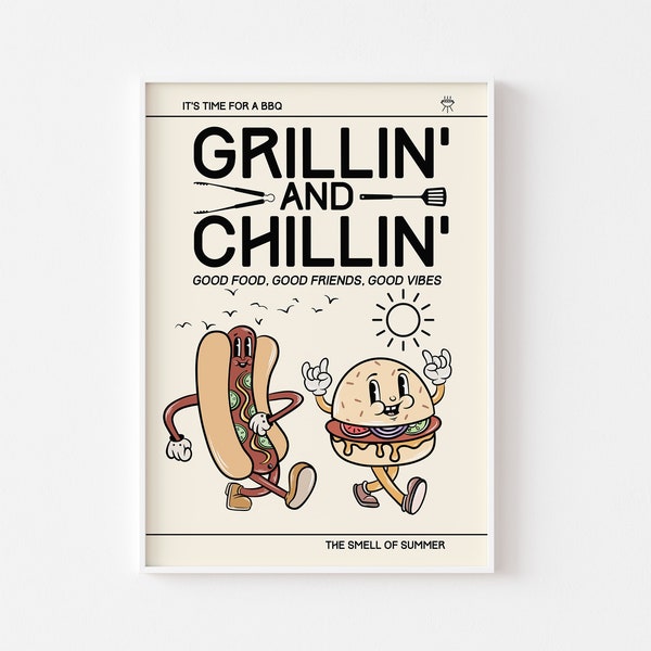 BBQ Grillin And Chillin Retro Character Print - Fun Kitchen Print, Retro Mascot Cartoon, Funny Retro Sausage Burger, 60s 70s Fun Art, Diner