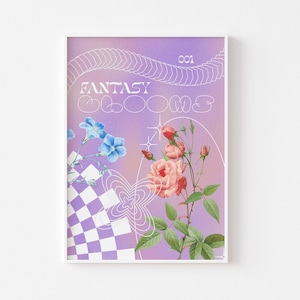 May include: A purple and white graphic design with the text "Fantasy Blooms" and the number "001". The design features a checkered pattern, a heart shape, and floral illustrations of pink roses and blue flowers.