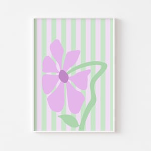 Imprimé rayures citron vert et lilas avec fleurs abstraites 1 - oeuvre d'art mural tendance, fines rayures, abstrait floral Matisse, pastel danois, art mural original