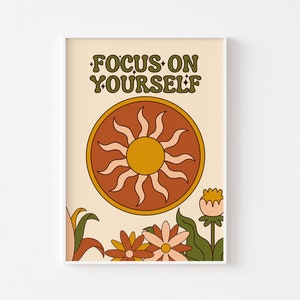 Impresión retro Focus OnYourself: póster de sol de los años 60 y 70, flores retro, decoración hippie, flores de la naturaleza, arte bohemio retro de mediados de siglo