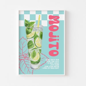 Mojito Retro Cocktail Print - Küchen Poster, Rum-Minz-Limetten-Cocktail, Funky Bar-Print, trendige Alkoholrezeptkunst, buntes Groovy-Dekor