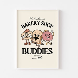 Bakery Shop Buddies Retro Characters Print - Fun Kitchen Print, Retro Mascot Cartoon, Bread Pretzel Donut Kitchen Poster, 60s 70s Wall Art