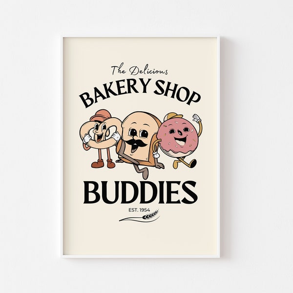 Bakery Shop Buddies Retro Characters Print - Fun Kitchen Print, Retro Mascot Cartoon, Bread Pretzel Donut Kitchen Poster, 60s 70s Wall Art