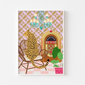 Estampado de leopardo de discoteca de interior retro 3: estampado de bola de discoteca, discoteca retro, interior funky de leopardo, boho retro, póster colorido y elegante de los años 70
