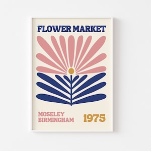 Impresión del mercado de flores - Moseley Birmingham, arte retro colorido, flores elegantes, década de 1970 y 1960, abstracto brillante, flores hippies, póster de tendencia