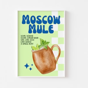 Impresión de cóctel retro Moscow Mule: póster de cocina, cóctel de vodka, cerveza de jengibre, impresión de bar, arte de recetas de alcohol de moda, decoración colorida y elegante