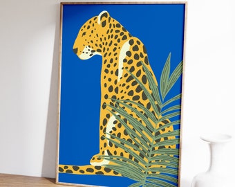 Blue Retro Leopard Print - Retro Art, Bright Bold, Leopard Cheetah, Colourful Tropical Poster, Kids Jungle Bedroom, Bathroom Poster, Boho